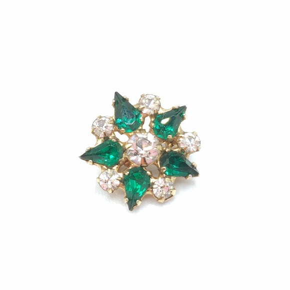 B. David Vintage Gold Tone Emerald Green/Crystal Snowflake Pin - Picture 3 of 8
